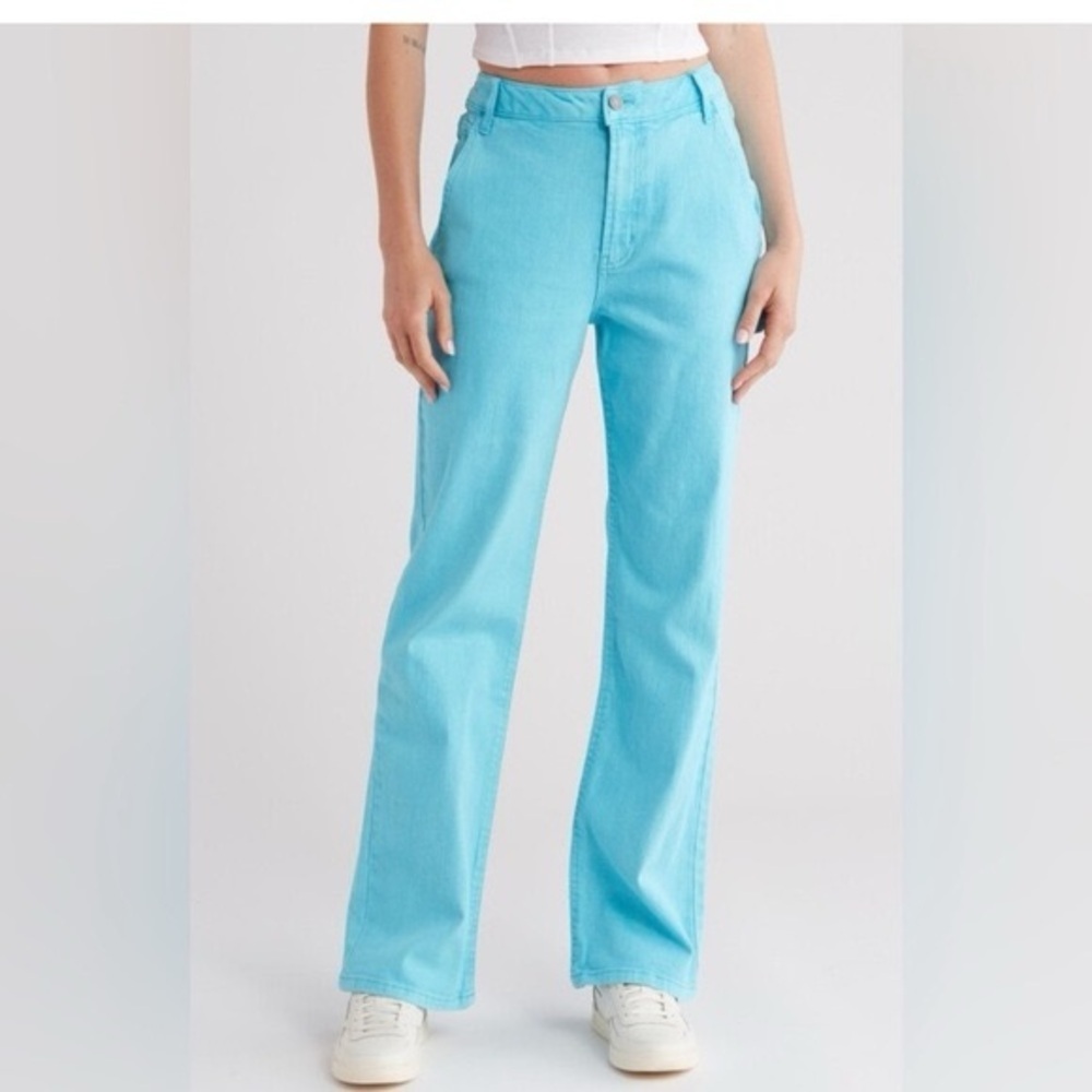 AFRM Fez High Waist Utility Straight Leg Jeans In Aqua Teal size 28